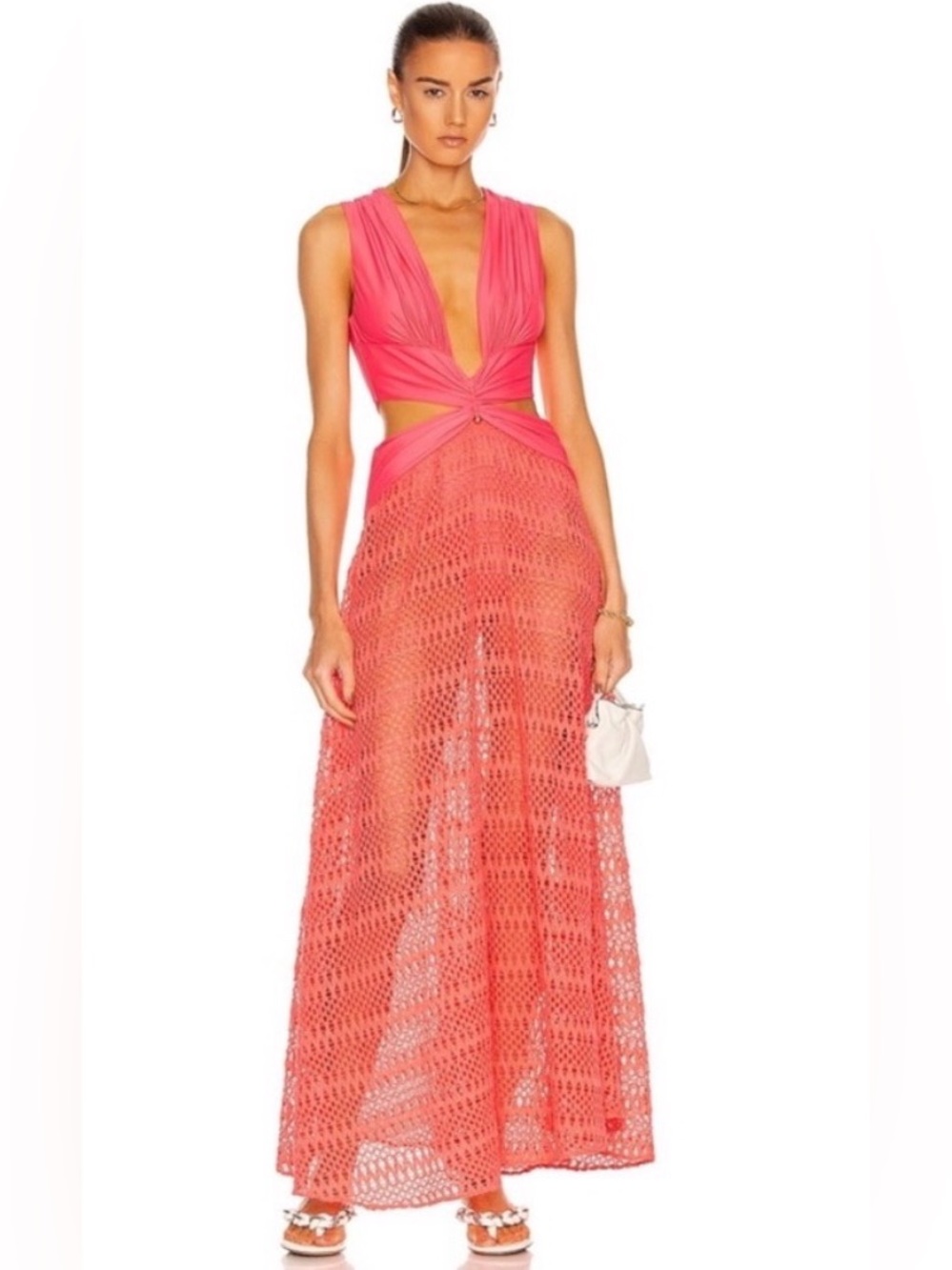 NWOT PatBo Pink Crochet Maxi Dress with Plunge Twist Bodice